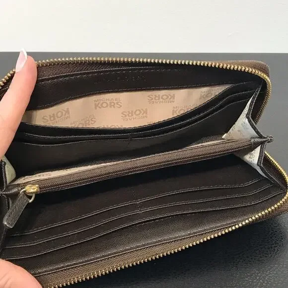 Michael Kors Jet Set Brown MK Signature Logo Large Zip Wallet Clutch - Picture 11 of 16